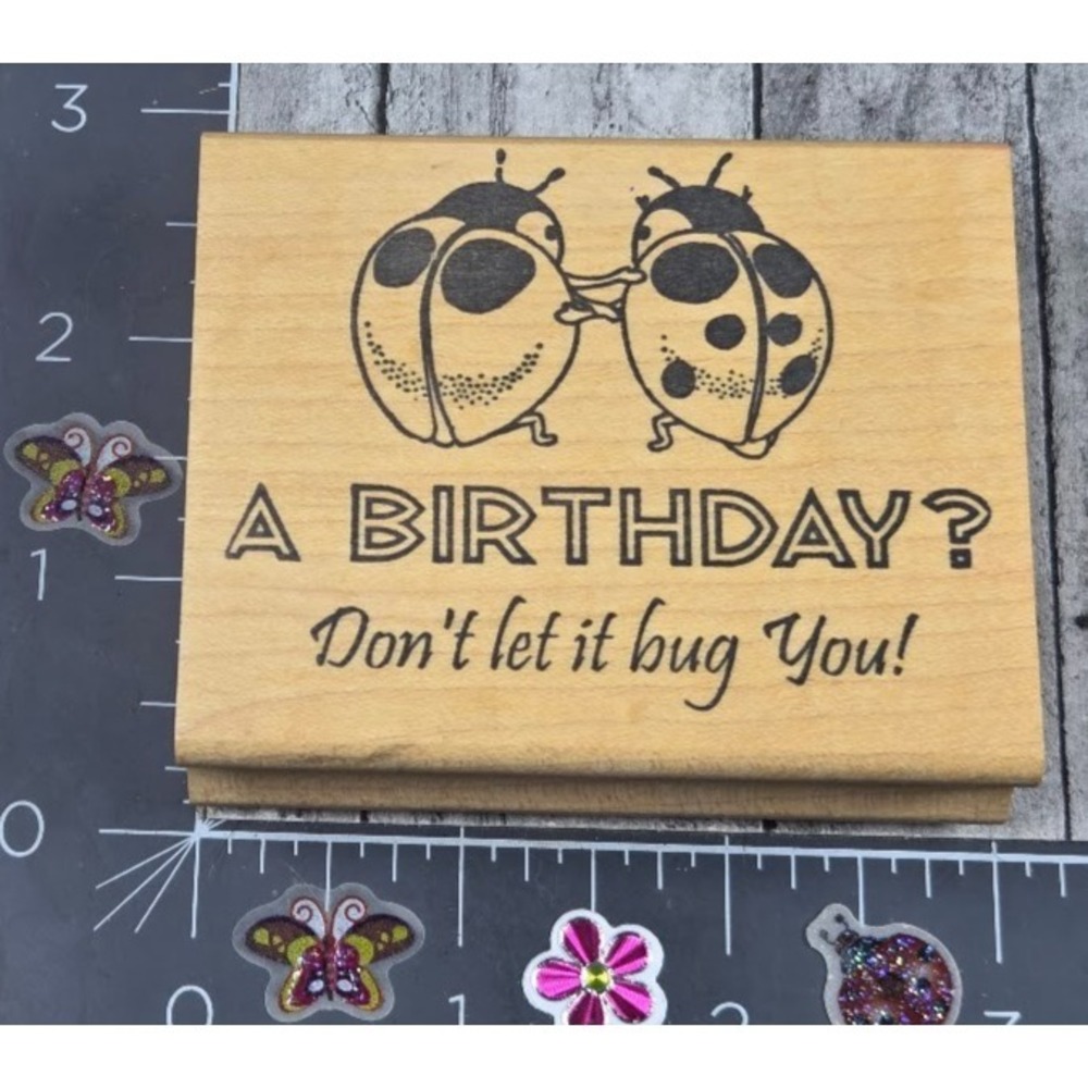 The Stamp Pad A Birthday? Don't Let It Bug You Ladybugs Rubber Stamp Wood #i25